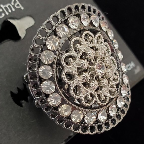 NEW Black and Silver Fancy Rhinestone Filigree Stretch Ring - Drema - Picture 5 of 6
